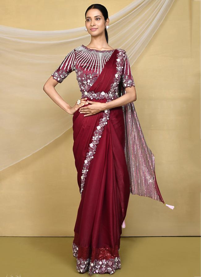 Crepe Silk Maroon Party Wear Embroidery Work Readymade Saree